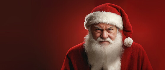 Portrait of an angry Santa Claus on a red background, copy space for christmas banner.