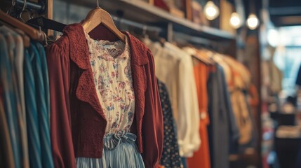 Obraz premium Collection of vintage ethical fashion items displayed in a boutique, with a focus on sustainable and timeless designs