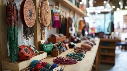 Ethical fashion accessories displayed in a boutique, with a focus on eco-conscious and fair-trade products