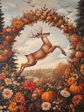 A deer leaps through a wreath of autumnal pumpkins and flowers.
