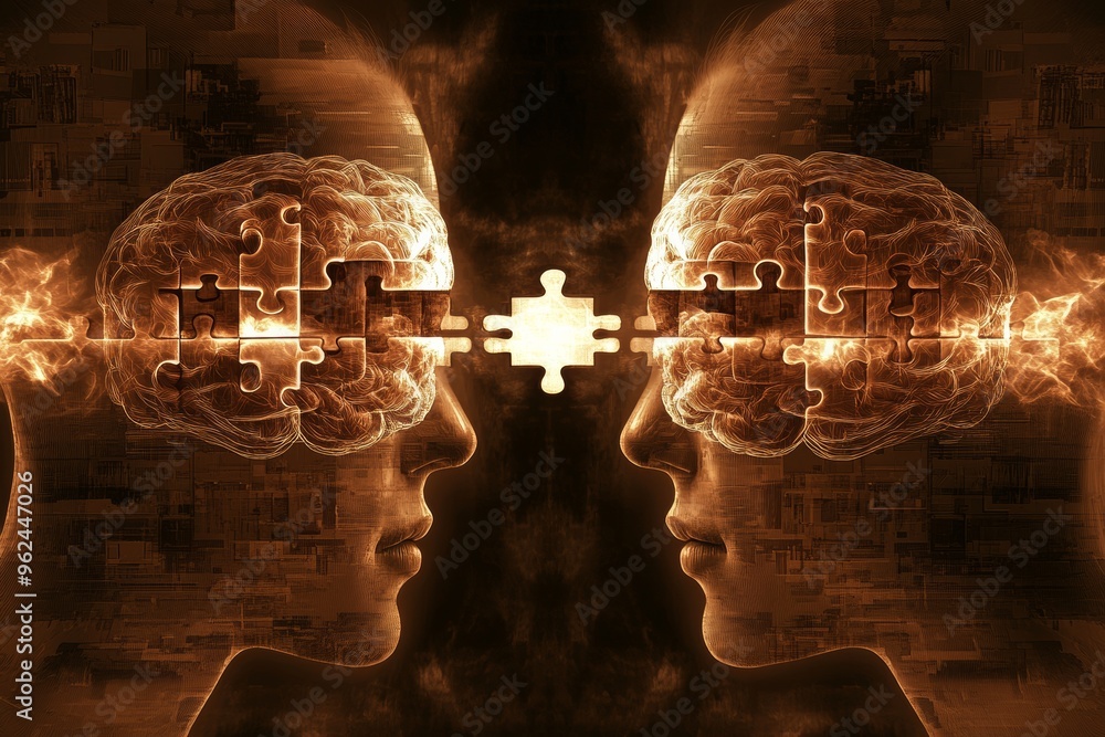 Poster mental capability neuronal system fiery glowing brains of two men in an abstract face off representi