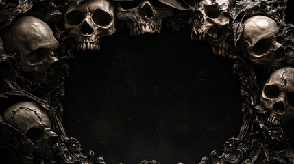 Ornate frame of skulls and bones forming a dark, gothic border. Halloween holiday concept.