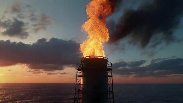 Black smoke comes out of the chimney of an oil drilling industry in the middle of the sea. Seamless 4K looping timelapse video animation background