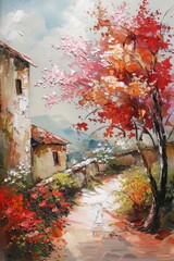 A vibrant landscape featuring colorful trees, flowers, and a quaint path leading to rustic buildings.