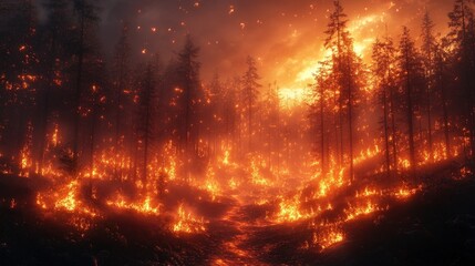 A fiery inferno engulfs a forest, with tall trees silhouetted against the intense flames and smoke rising into the air.