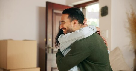 Happy couple, new home and moving in with boxes, keys and property investment as real estate sale. Woman, man an hug in embrace, trust or excited for family, growth or development as loan or mortgage
