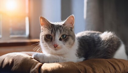 A Gray-And-White Cat Lounging On A Soft Cushion.