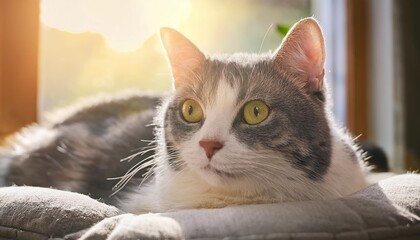 A Gray-And-White Cat Lounging On A Soft Cushion Near A Sunlit Window.