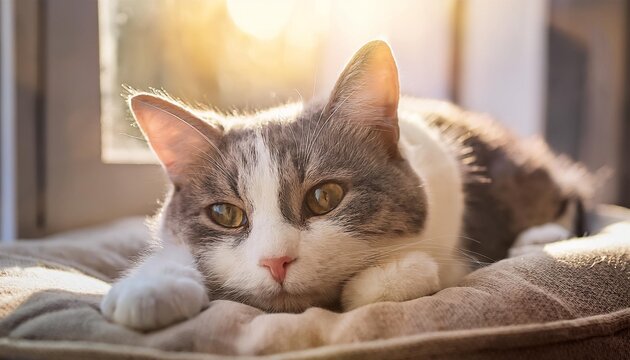 A Realistic Portrait Of A Gray-And-White Cat Lounging On A Soft Cushion Near A Sunlit Window. - Powered by Adobe