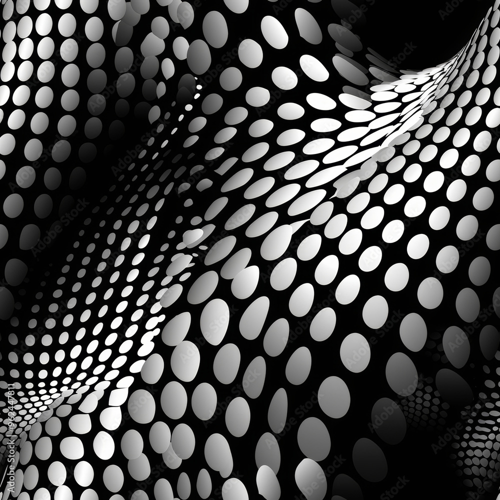 Poster the design features a flowing texture made of circular dots in black and white, creating a captivati