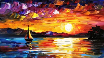 A vibrant sunset over water with a sailboat, showcasing rich colors and reflections.