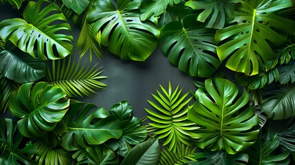 A close-up view of green tropical leaves on a black background.