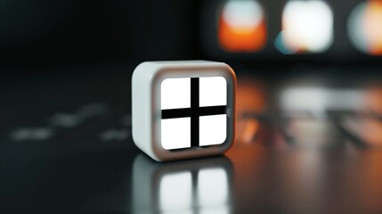 White Cube with Black Plus Sign on a Dark Background