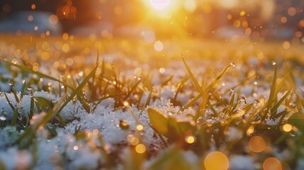 Up-close view of grass and green foliage dusted with ice pellets following a summer thunderstorm.