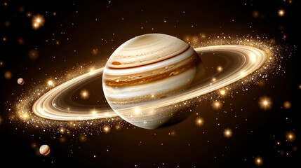 Naklejka premium A vibrant representation of Saturn with its distinct rings, illuminated against a backdrop of twinkling stars and other celestial bodies, evokes the majesty of the universe.