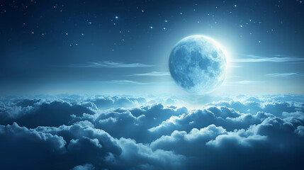 A brilliant full moon illuminates fluffy clouds against a dark night sky filled with twinkling stars, creating a serene and enchanting atmosphere. Copy space