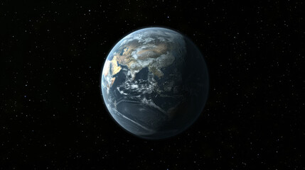 This captivating view captures Earth from space, displaying its continents and oceans illuminated against a backdrop of countless stars, highlighting the planet's beauty and uniqueness.
