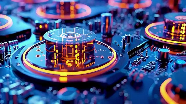 a circuit board  with  glowing lights
