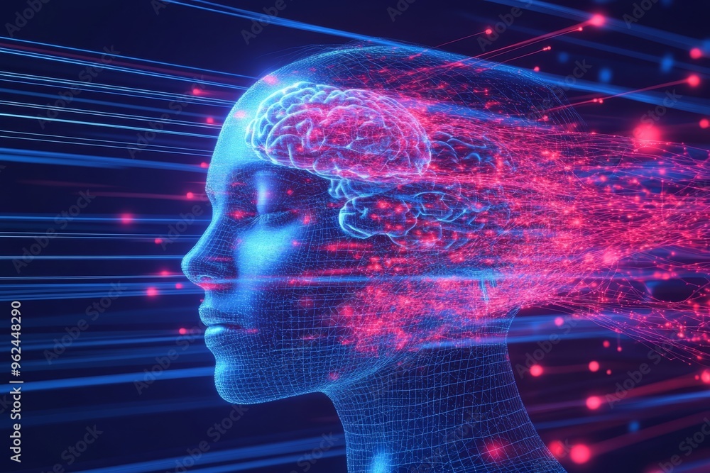 Poster neural architecture central brain wooden puzzle shaped heads with brain pieces symbolizing the intri