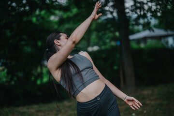 A young woman performs expressive dance moves in a tranquil outdoor environment, capturing grace...