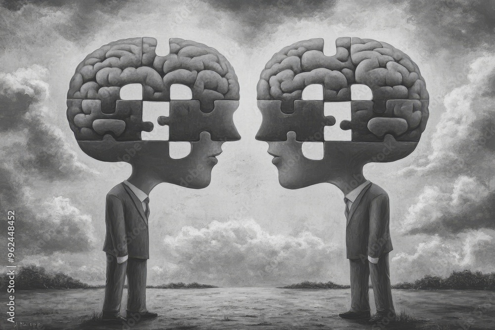 Poster cognitive dynamics central brain black and white abstract illustration of two men with puzzle shaped