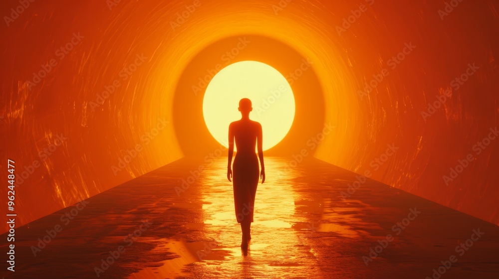 Poster captivating shot of a woman walking towards a bright light at the end of a tunnel. the intense illum