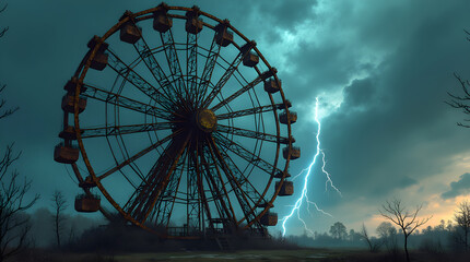 Abandoned Ferris Wheel Under Stormy Sky