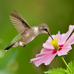 Obraz premium A delicate hummingbird hovers gracefully in front of a vibrant pink flower, sipping nectar with its slender beak in a blooming garden filled with lush greenery.