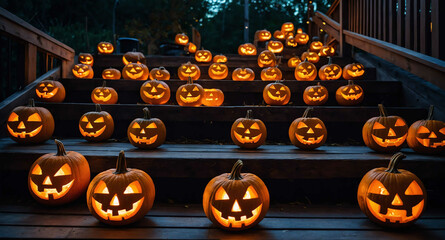 Fototapeta premium Glowing jack o lanterns on wooden steps background