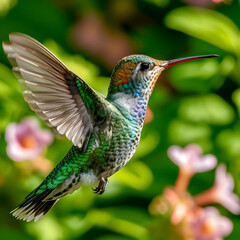 Obraz premium A vibrant hummingbird flits gracefully in mid-air, its iridescent feathers catching the sunlight. The backdrop features soft, blooming flowers in a lush garden setting.