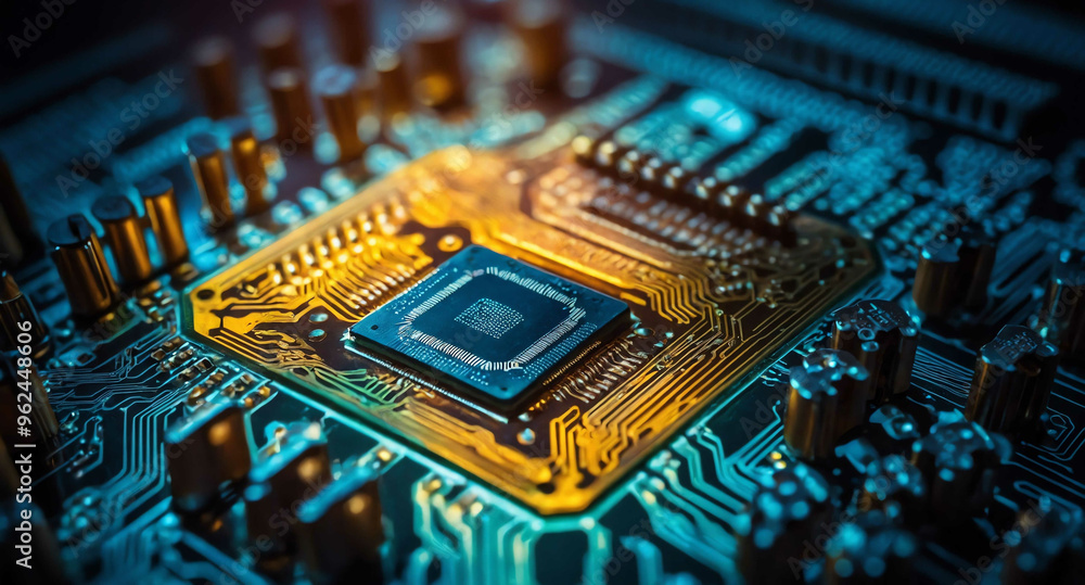 Poster glowing microchip with circuit pattern abstract background