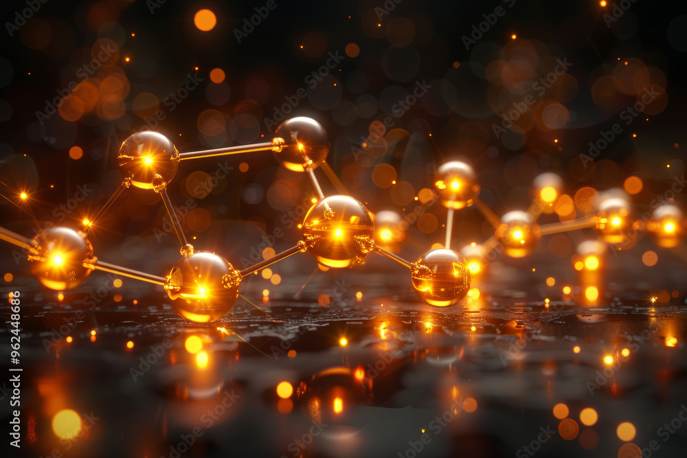 Poster a glowing molecular structure is depicted with radiant spheres interconnected by lines, set against 