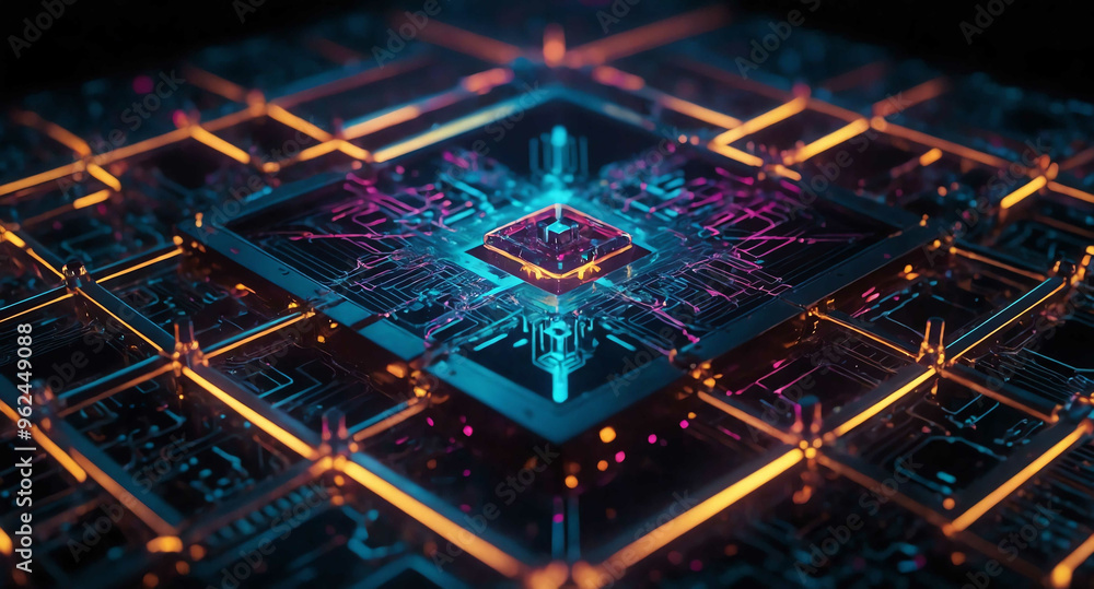 Poster glowing quantum computing grid abstract background