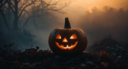 Fototapeta premium Glowing pumpkin silhouette fog abstract background
