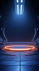 Obraz premium Futuristic circular platform illuminated by glowing orange lights in a dark, high-tech environment during nighttime.