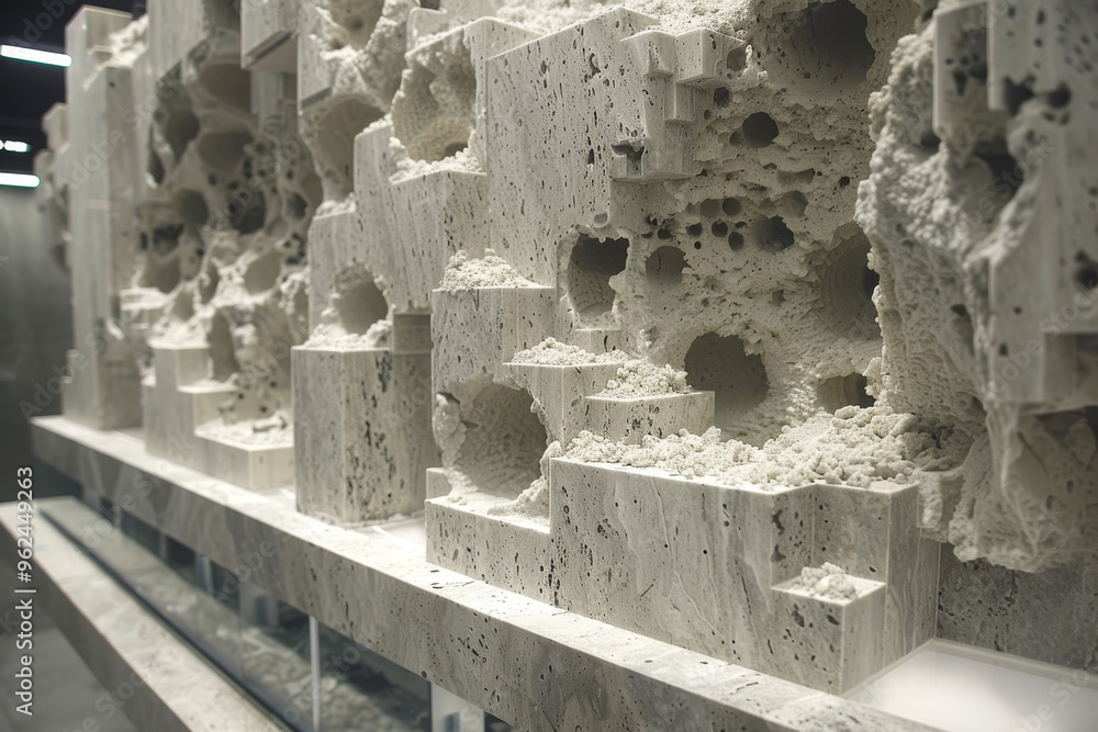 Poster the composition features a textured stone wall showcasing various formations with voids and protrusi