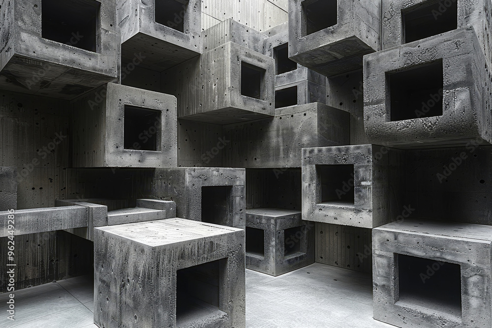 Poster an intricate arrangement of concrete blocks with hollow squares creates a unique architectural displ