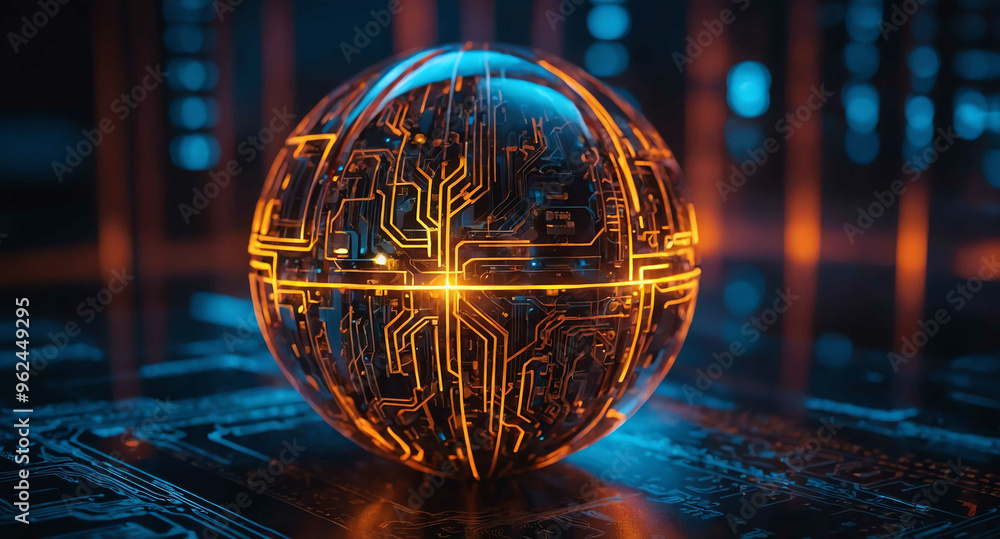 Poster glowing tech sphere with circuits abstract background