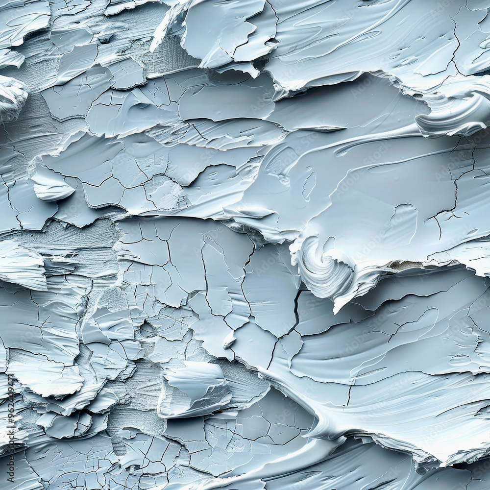 Poster the surface displays a striking array of cracked paint layers in varying shades of blue, highlightin
