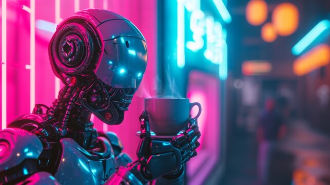 A futuristic robot holds a steaming cup of coffee in a neon-lit city environment. The scene combines elements of advanced technology and urban living, creating a vibrant and colorful atmosphere