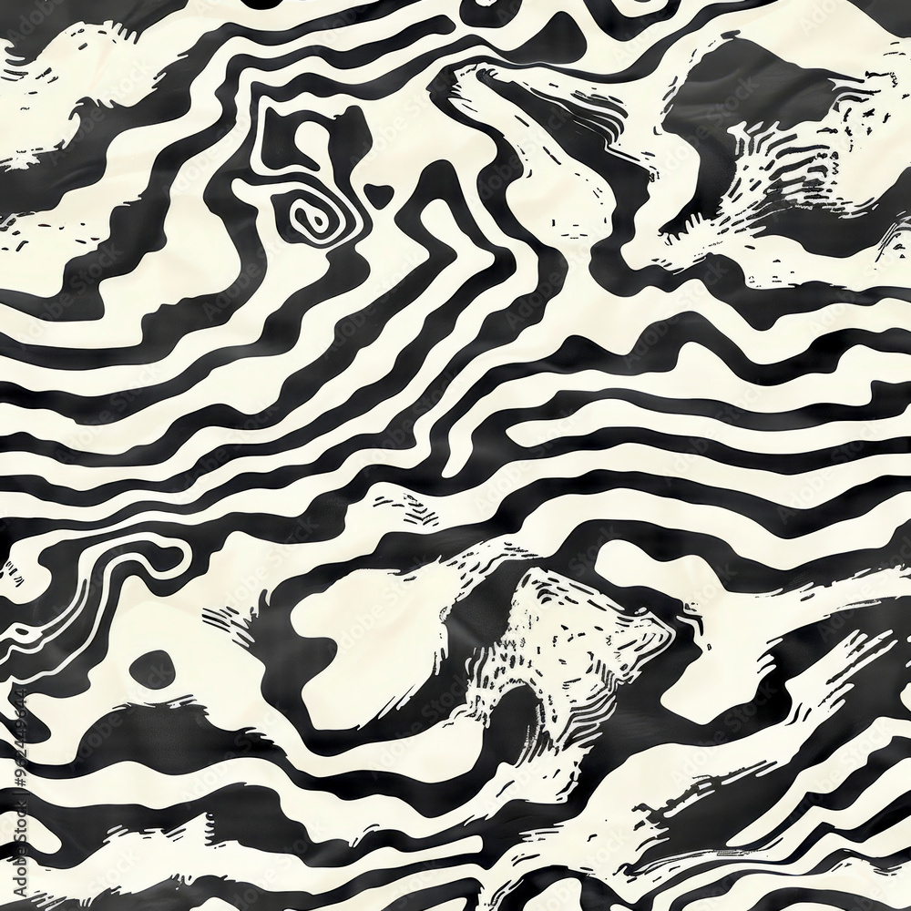 Poster the artwork features an intricate black and white abstract pattern resembling zebra stripes, flowing