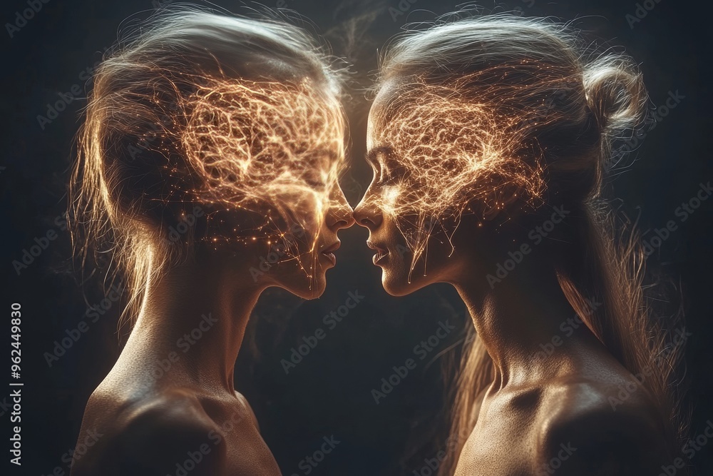 Poster neuroanatomy neural pathways dual female profiles with glowing neural pathways symbolizing mental co
