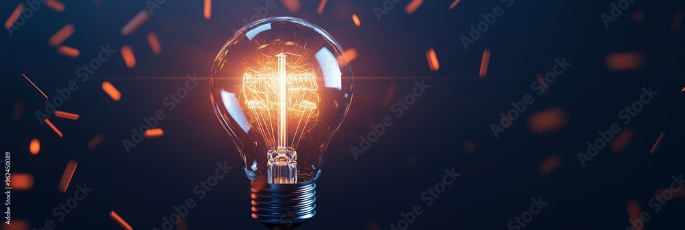 Poster a glowing lightbulb with detailed rays of light, surrounded by abstract symbols of creativity and in