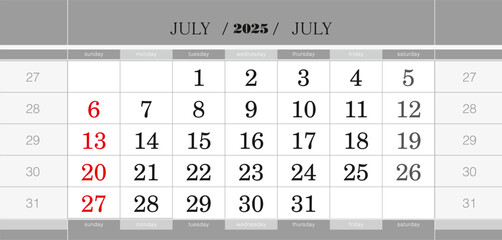 July 2025 quarterly calendar block. Wall calendar in English, week starts from Sunday.