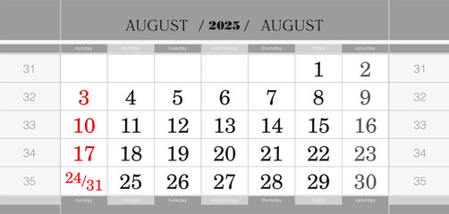 August 2025 quarterly calendar block. Wall calendar in English, week starts from Sunday.
