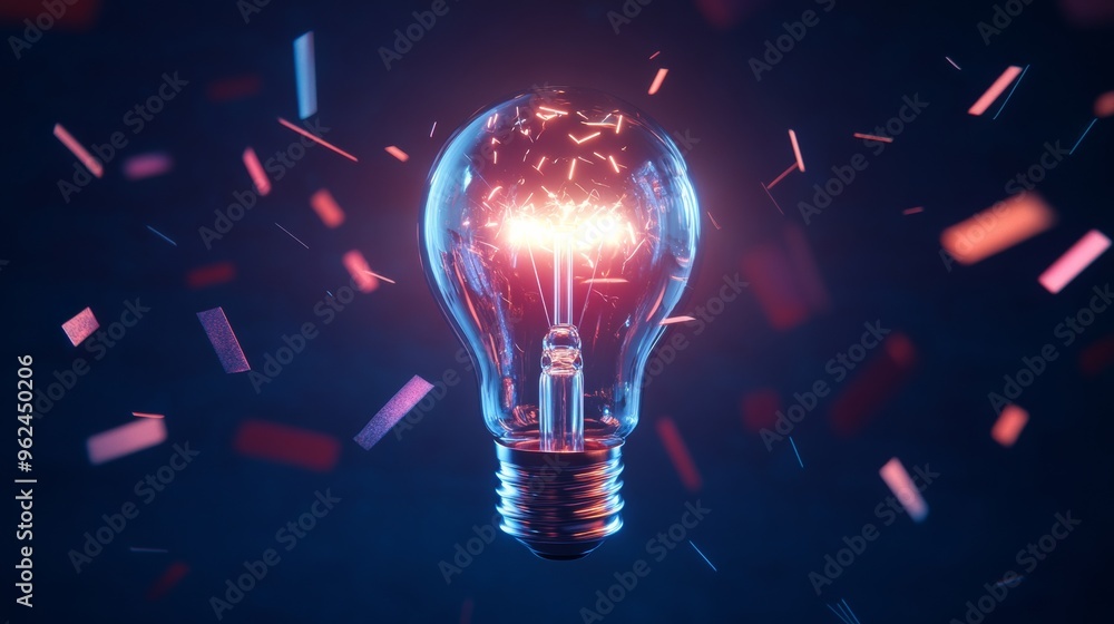 Poster a glowing lightbulb with rays of illumination, surrounded by abstract symbols of creativity and inno