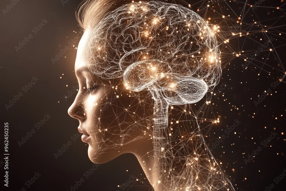 Poster mind tech neural pathways futuristic digital profile of a woman with glowing neural pathways represe