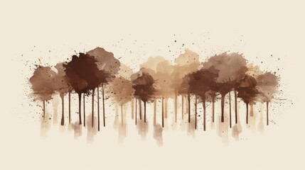 Watercolor illustration of an abstract forest with dense tree foliage in varying earthy shades. The artistic representation showcases a serene and tranquil woodland scene, perfect for design projects