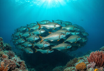 Fototapeta premium A school of fish swims in a symmetrical pattern among colorful coral reefs and marine life, with soft sunlight highlighting their movement.