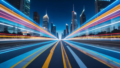 Obraz premium futuristic city skyline colorful light trails speed race background